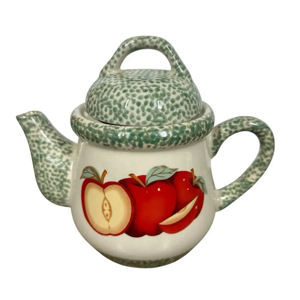Vtg Country Farmhouse 80s 90s Ceramic Red Apple Design Teapot Sponge Paint 7.5